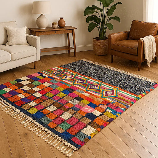 Handwoven Boujaad rug with Sahara-inspired geometric patterns and vibrant colors styled in a bright modern living room