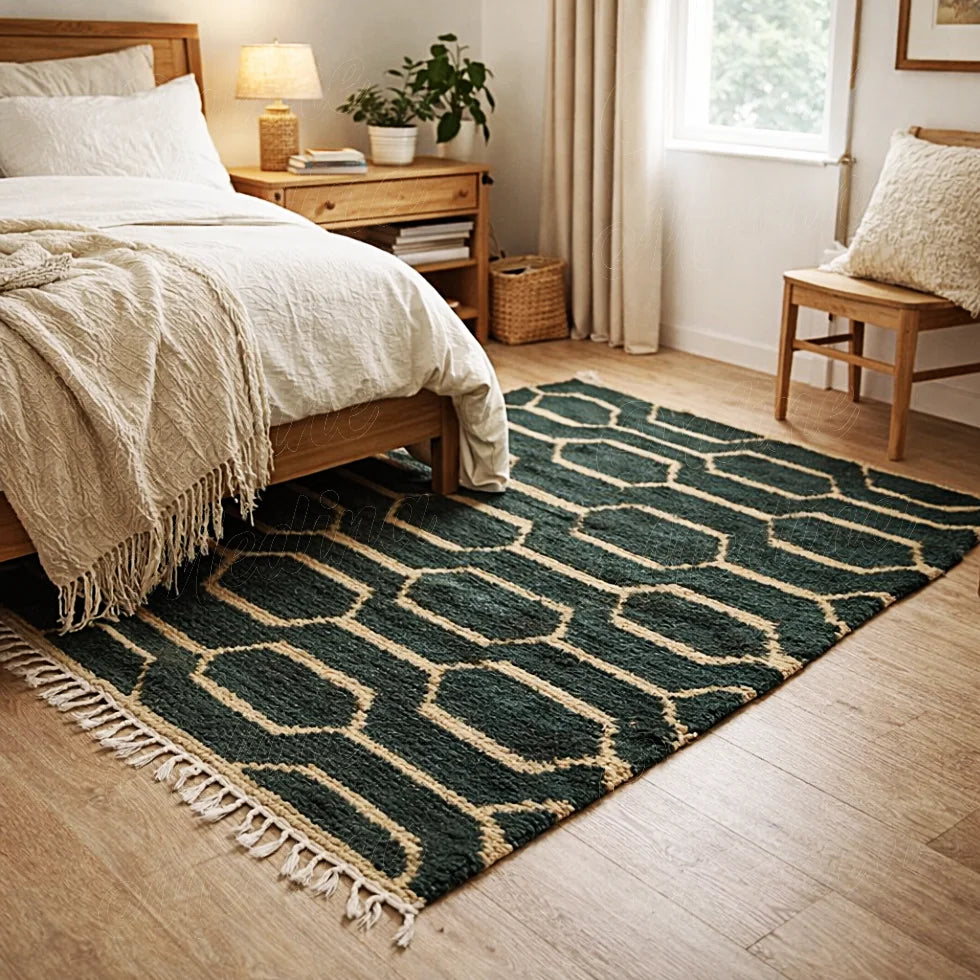 Handwoven green brown Boujaad rug in natural wool with Berber geometric patterns in a cozy bedroom interior