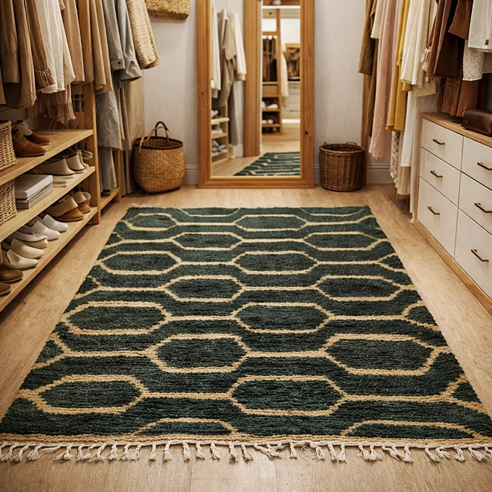 Moroccan Boujaad wool rug in green brown tones with geometric Berber motifs used as indoor decor
