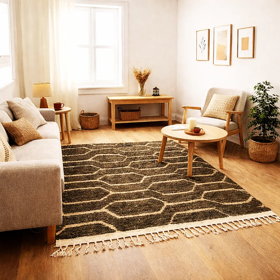 Large Moroccan Boujaad rug in green brown wool, handmade Berber geometric patterns in a bright living space