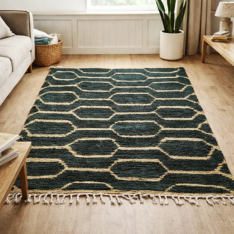 Green brown Boujaad rug handwoven in pure wool, traditional Moroccan Berber design for living room decor