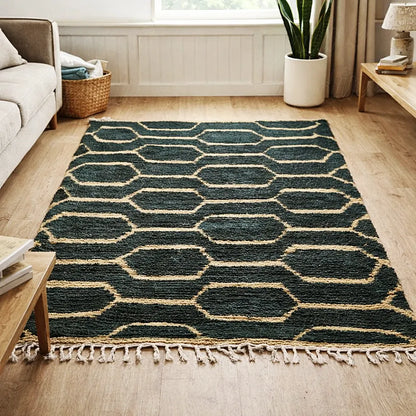 Green brown Boujaad rug handwoven in pure wool, traditional Moroccan Berber design for living room decor