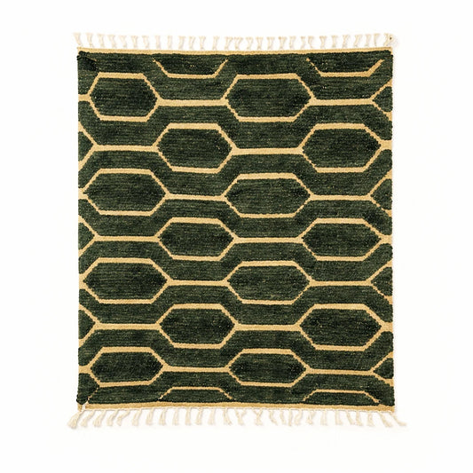 Flat view of a green brown Boujaad rug handwoven in natural wool with traditional Berber geometric motifs