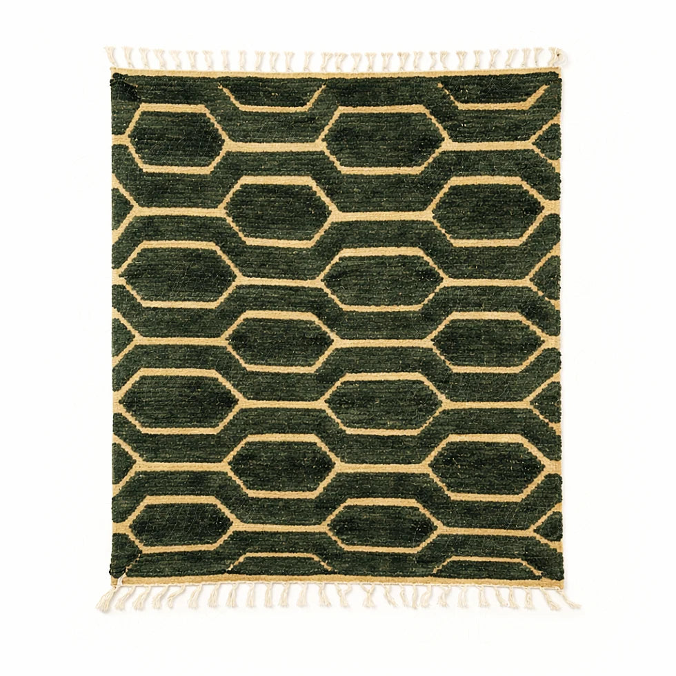 Flat view of a green brown Boujaad rug handwoven in natural wool with traditional Berber geometric motifs
