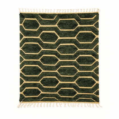 Flat view of a green brown Boujaad rug handwoven in natural wool with traditional Berber geometric motifs