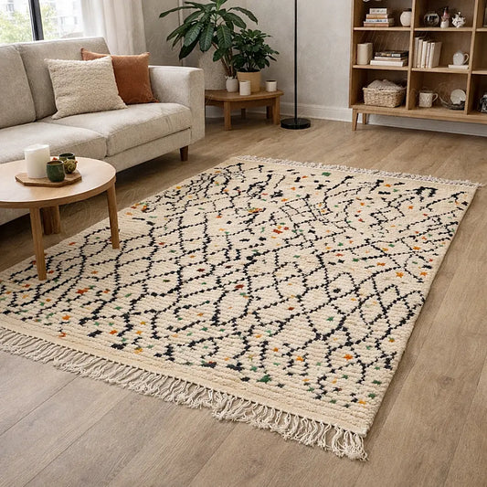 Handwoven Boujaad Azilal Berber rug in natural wool, geometric black lines with colorful accents, styled in a living room