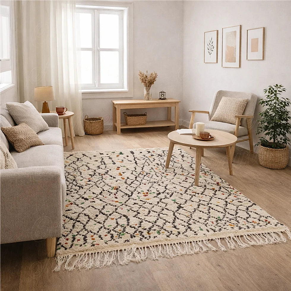 Traditional Boujaad Azilal Berber rug handwoven in natural wool, abstract geometric motifs, styled in a bright living room
