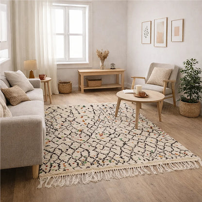 Traditional Boujaad Azilal Berber rug handwoven in natural wool, abstract geometric motifs, styled in a bright living room