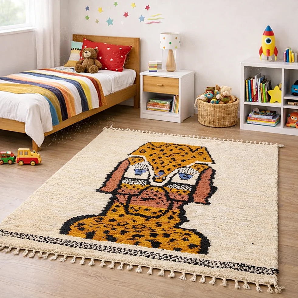 Handmade Moroccan rug with animal motif placed in a children's bedroom
