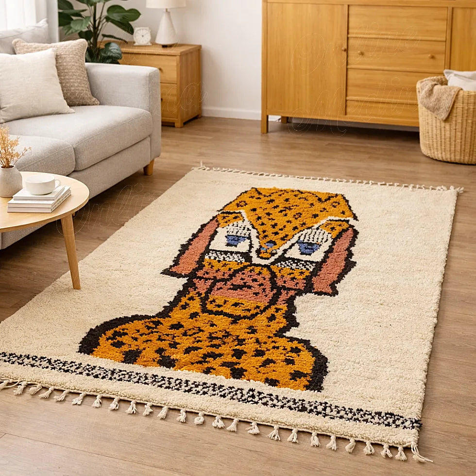 Handmade Moroccan rug with animal motif placed in a living room interior