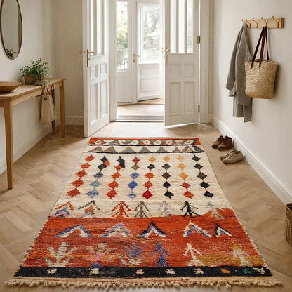 Traditional Moroccan Azilal rug with colorful geometric symbols placed in a hallway entrance