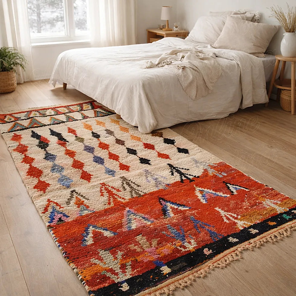 Moroccan Azilal rug from Beni Mellal with red and multicolor geometric patterns placed in a bedroom interior