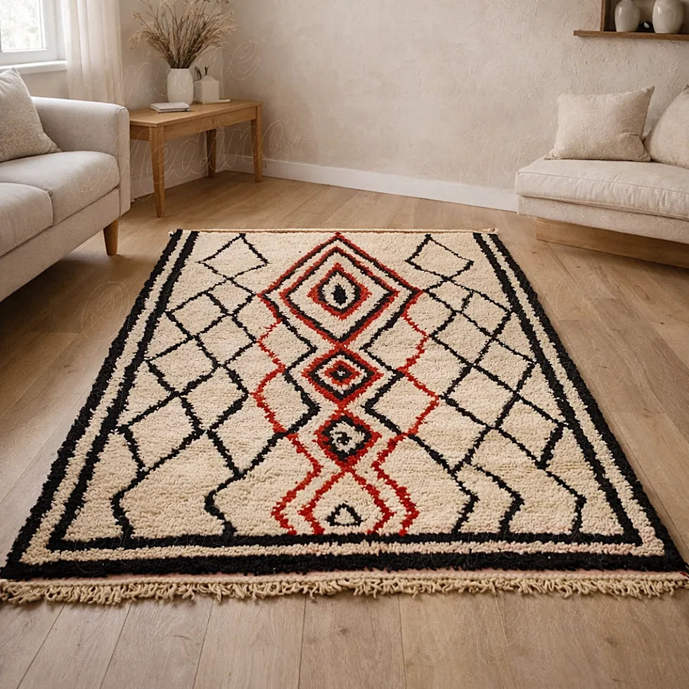 Atlas Rahamna Berber rug styled in a living room with mixed tribal geometric patterns