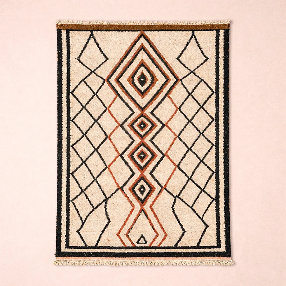 Full view of a handmade Atlas Rahamna Berber rug woven from chemical free natural wool
