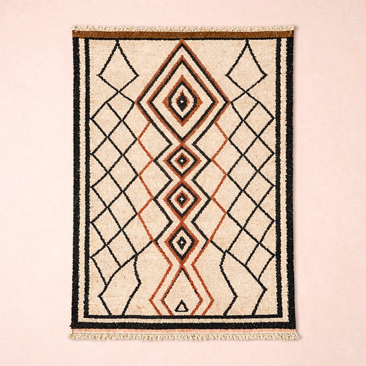 Full view of a handmade Atlas Rahamna Berber rug woven from chemical free natural wool