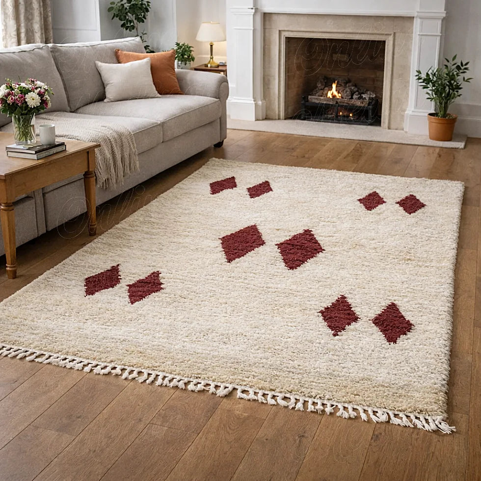 Berber wool rug with red diamond pattern in a bright living room, soft textured moroccan wool rug