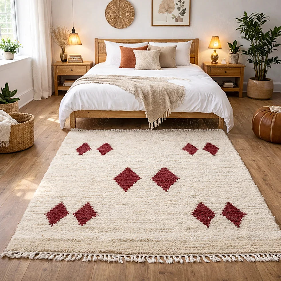 Berber wool rug with red diamond pattern in a bedroom, soft textured ivory background and warm interior style