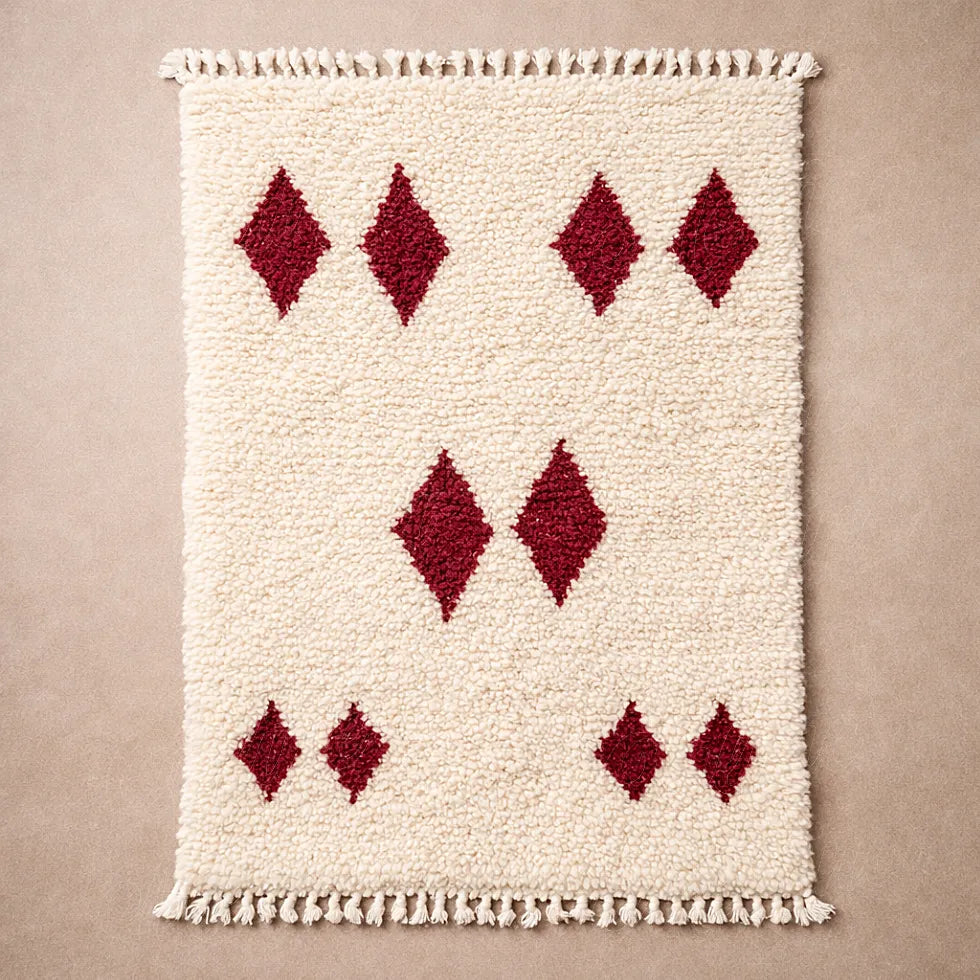 Berber wool rug with red diamond pattern, handcrafted moroccan wool rug with minimalist geometric design