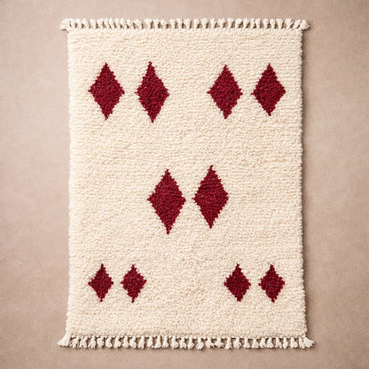 Berber wool rug with red diamond pattern, handcrafted moroccan wool rug with minimalist geometric design