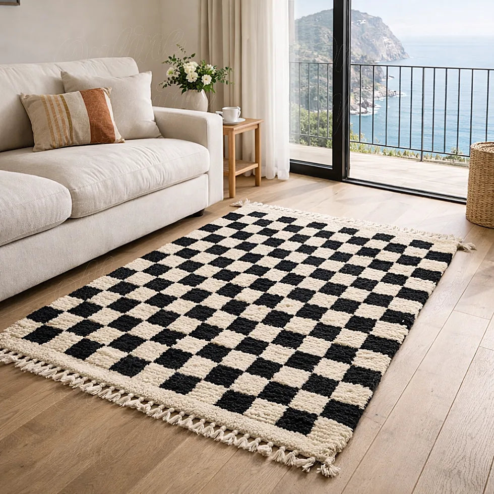Boujaad rug with black and ivory checkered pattern in a bright living room, textured moroccan wool rug