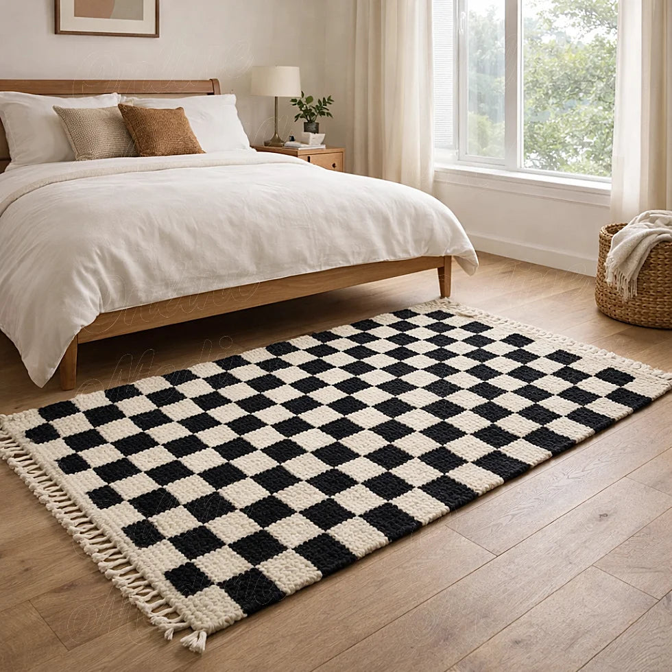 Boujaad rug with black and ivory checkered pattern in a bedroom, soft textured wool rug with natural tones