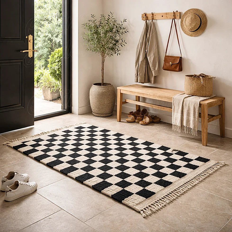 Boujaad runner rug with black and ivory checkered pattern in an entryway, long textured moroccan wool rug