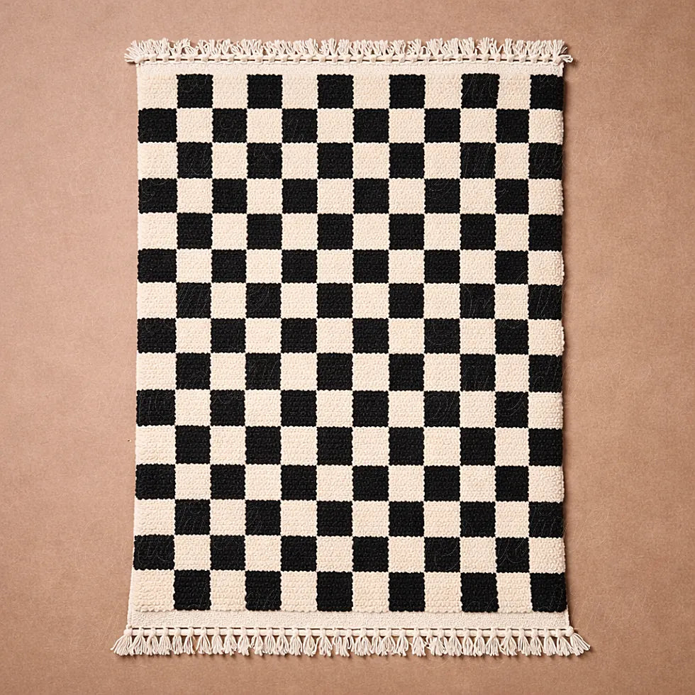 Boujaad rug with black and ivory checkered pattern, handcrafted moroccan wool rug with geometric design