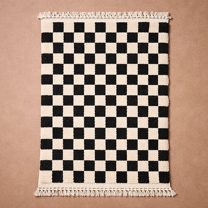 Boujaad rug with black and ivory checkered pattern, handcrafted moroccan wool rug with geometric design