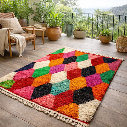 Boujaad rug with vibrant multicolor diamond pattern on a terrace, textured moroccan wool rug with bold colors
