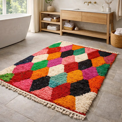 Boujaad rug with multicolor diamond pattern in a bathroom, soft textured moroccan wool rug with vibrant tones