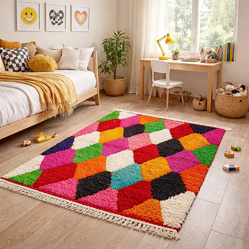 Boujaad rug with colorful diamond pattern in a bedroom, vibrant textured moroccan wool rug for warm interior