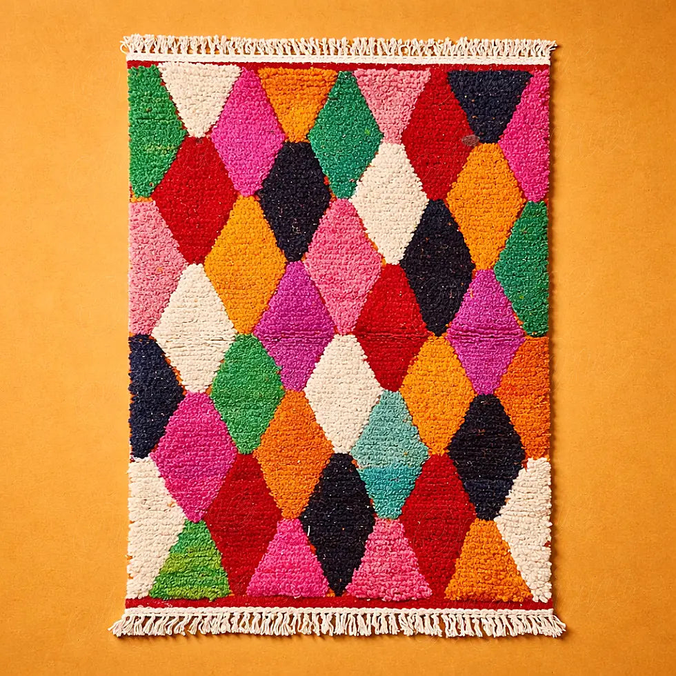 Boujaad rug with vibrant multicolor diamond pattern, handcrafted moroccan wool rug with geometric design