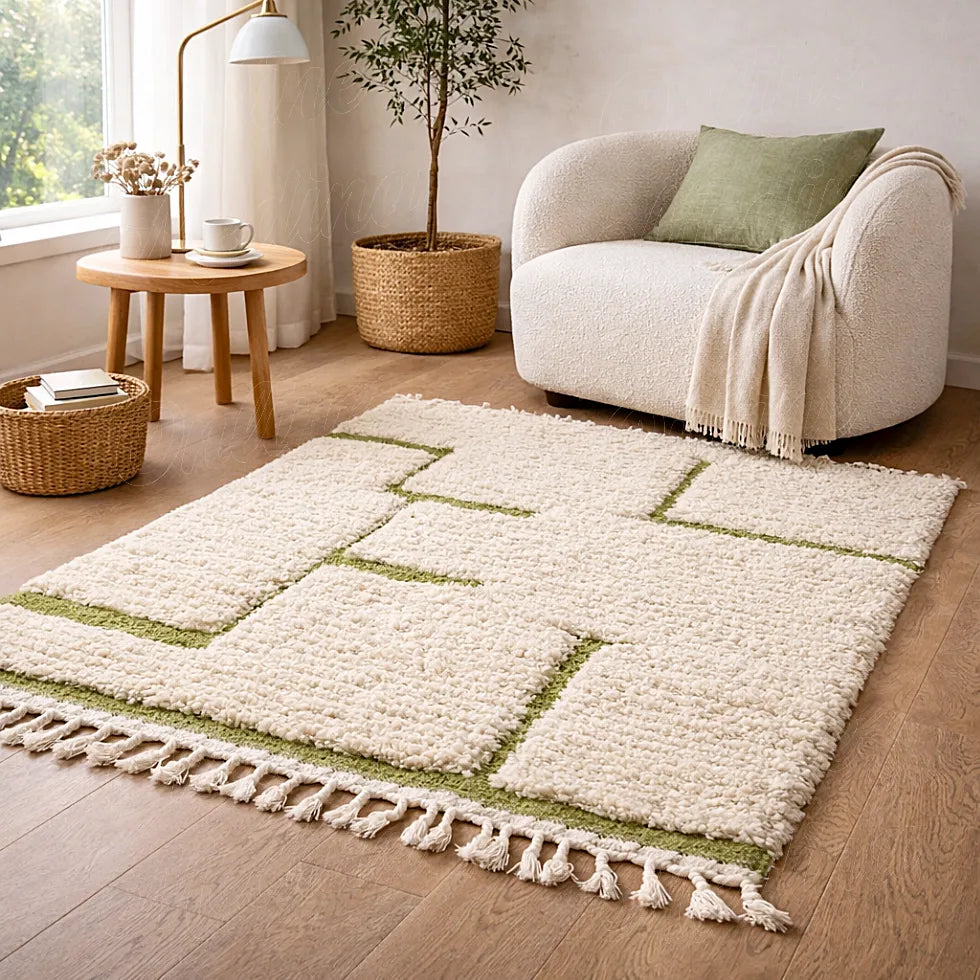 Berber wool rug with green abstract pattern in a bright living room, soft textured moroccan wool rug
