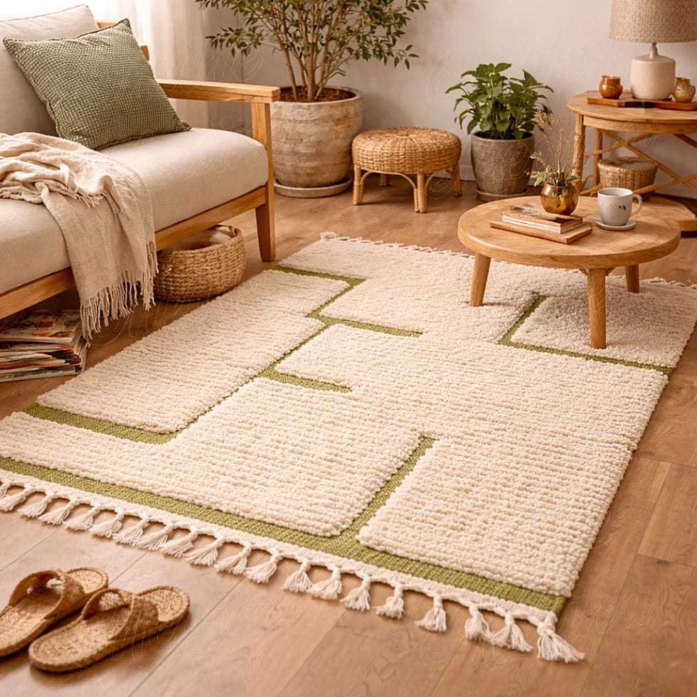 Berber wool rug with green pattern in a natural wood interior, textured moroccan rug with soft finish