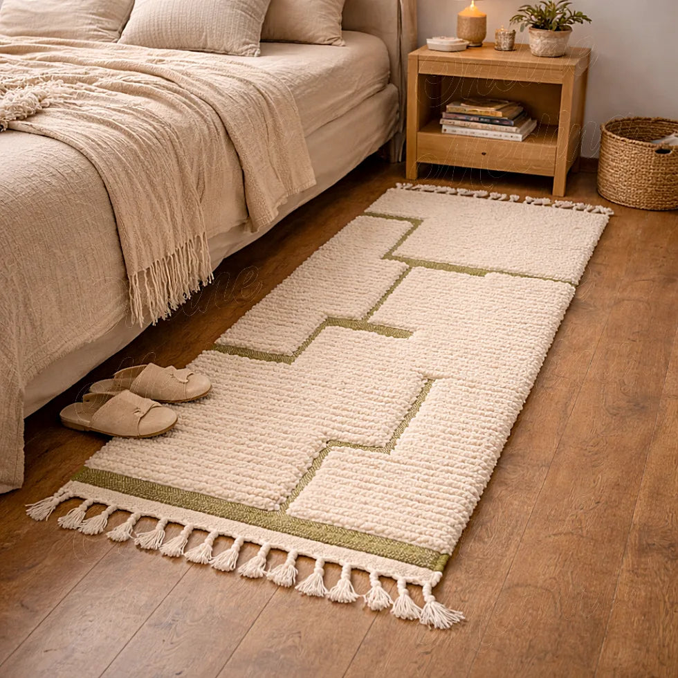 Berber wool runner with green abstract pattern in a bedroom, soft textured moroccan rug beside the bed