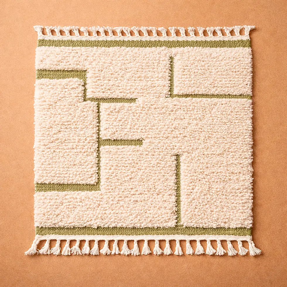 Berber wool rug with green geometric pattern, textured surface and handcrafted moroccan design top view