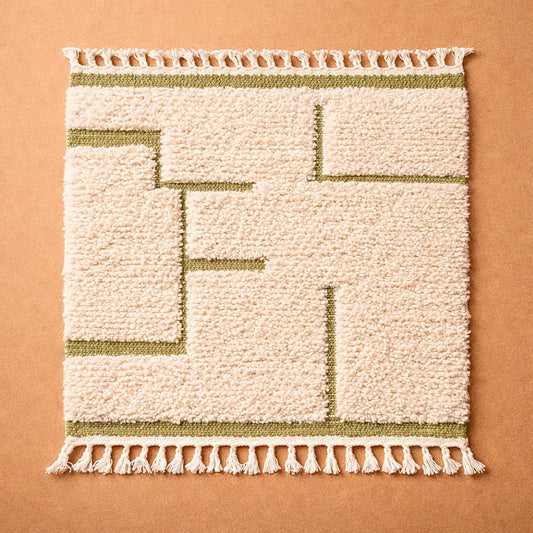 Berber wool rug with green geometric pattern, textured surface and handcrafted moroccan design top view