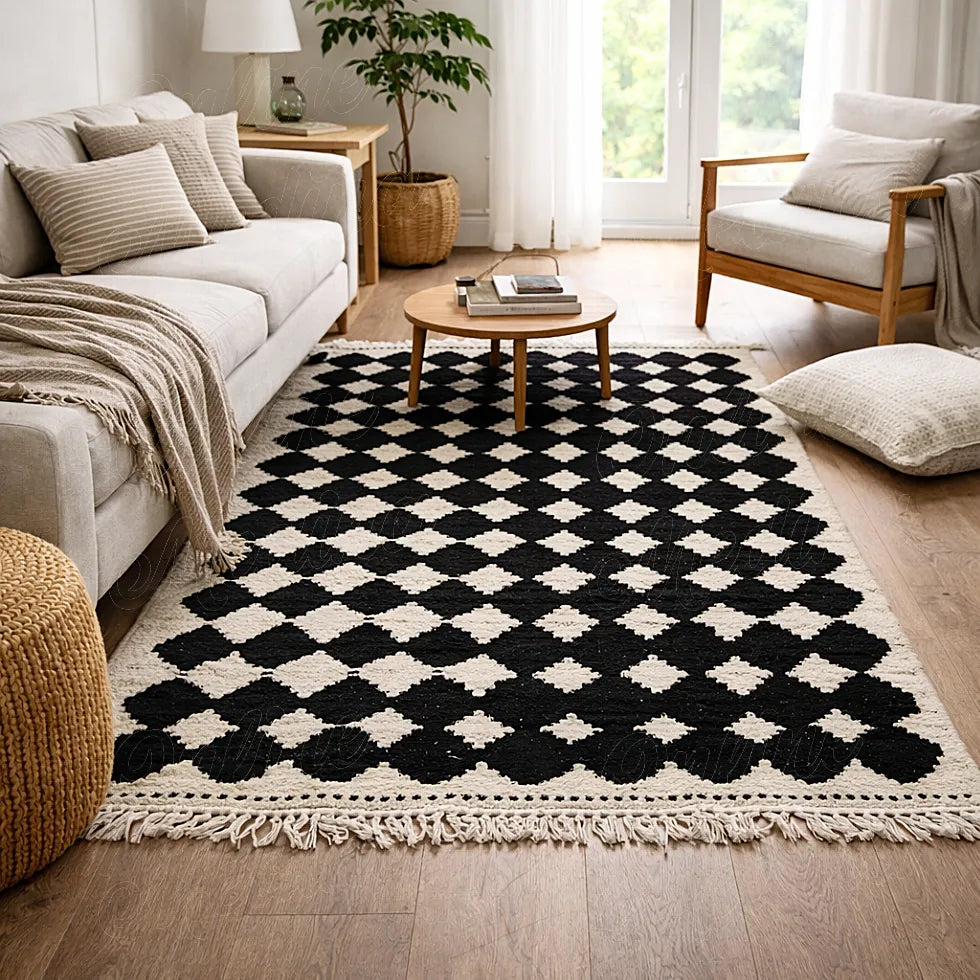 Berber rug with black and ivory geometric pattern in a bright living room, soft textured moroccan wool rug