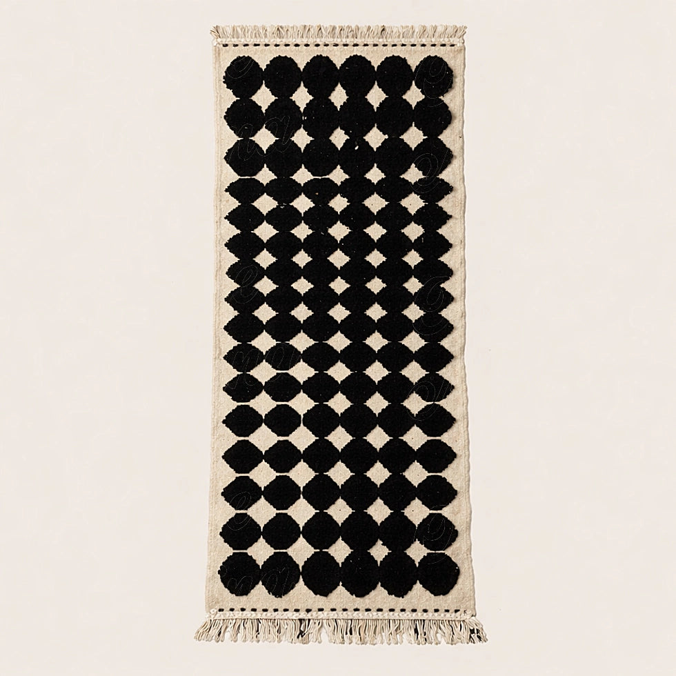 Berber runner rug with black and ivory geometric pattern, handcrafted moroccan wool rug top view