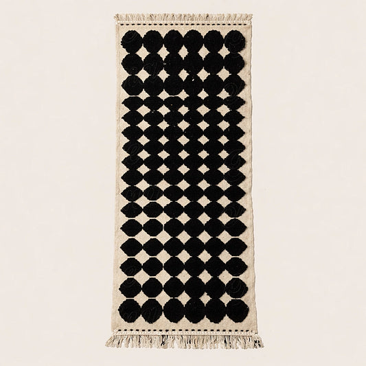 Berber runner rug with black and ivory geometric pattern, handcrafted moroccan wool rug top view