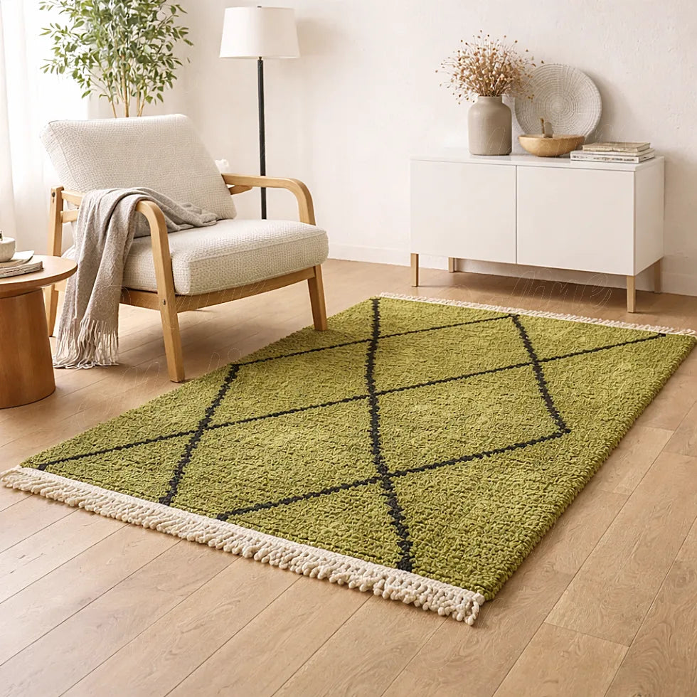 Beni Ouarain rug with green and black diamond pattern in a bright living room, soft textured moroccan wool rug