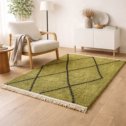 Beni Ouarain rug with green and black diamond pattern in a bright living room, soft textured moroccan wool rug