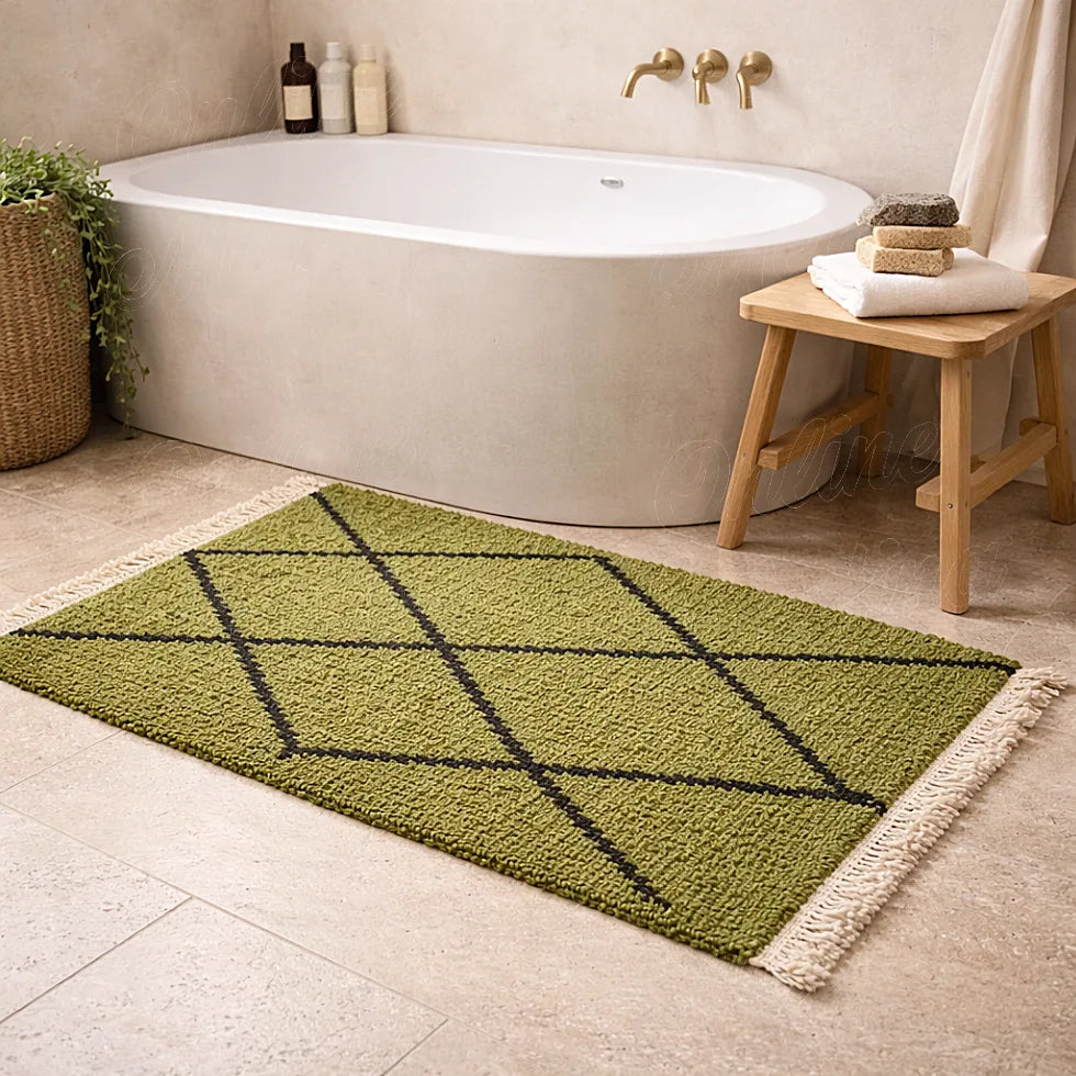 Beni Ouarain runner rug with green and black diamond pattern in a bathroom, textured moroccan wool rug