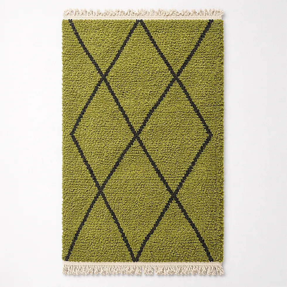 Beni Ouarain rug with green and black diamond pattern, handcrafted moroccan wool rug top view