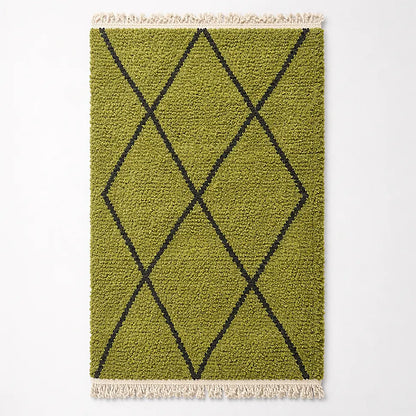 Beni Ouarain rug with green and black diamond pattern, handcrafted moroccan wool rug top view