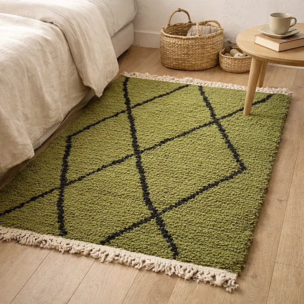 Alfombra de lana verde con rombos negros y flecos crudos, colocada junto a una cama con ropa de cama clara