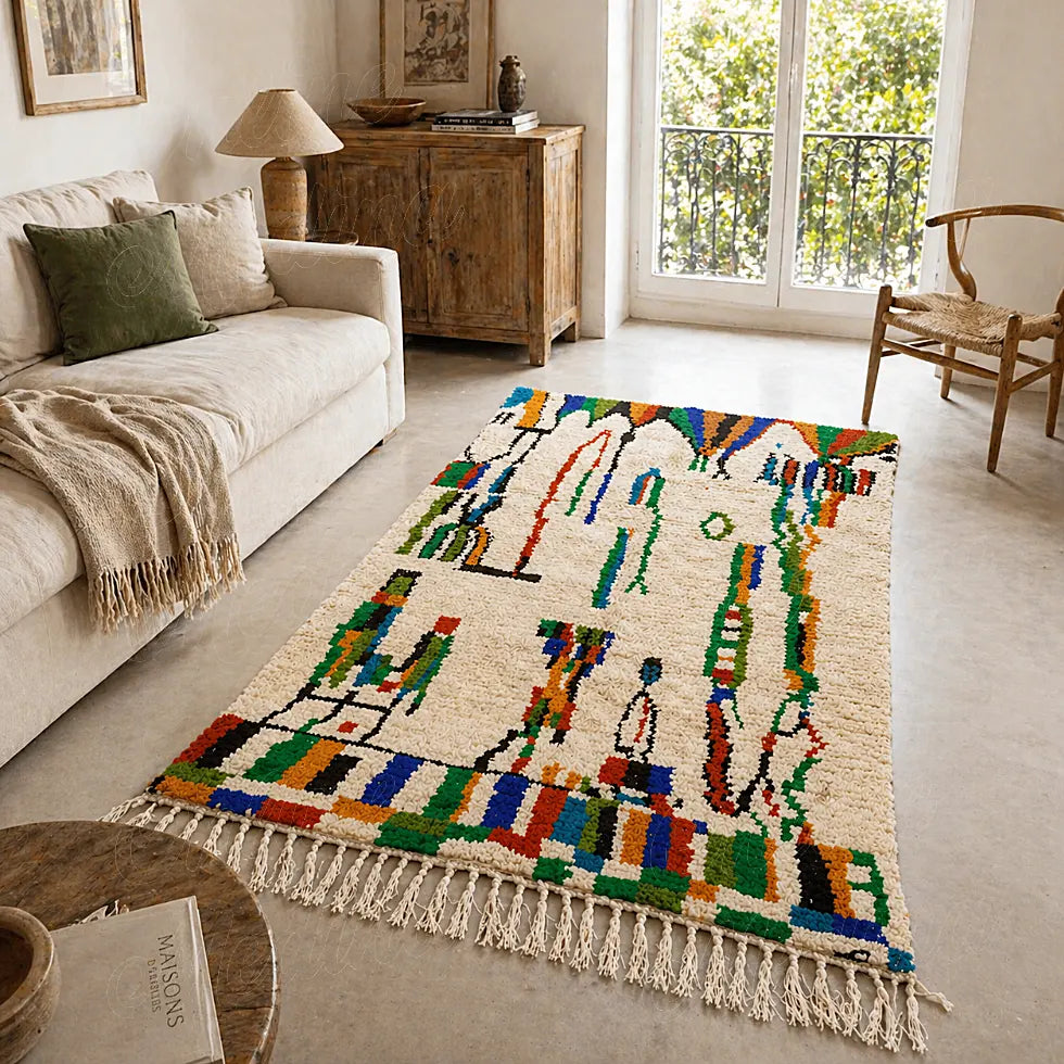 Handwoven berber rug with colorful symbolic patterns in warm minimalist living room interior