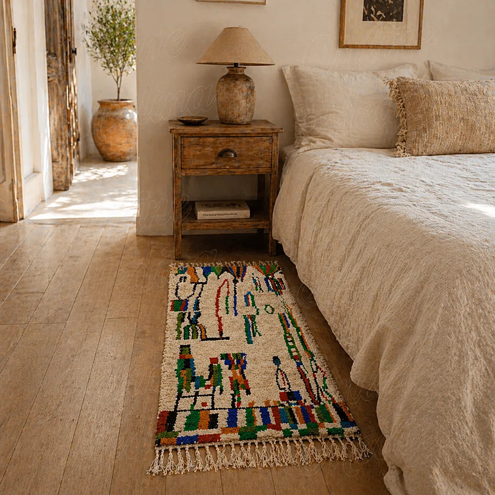Moroccan berber runner rug with colorful symbolic motifs beside natural textured bedroom bed