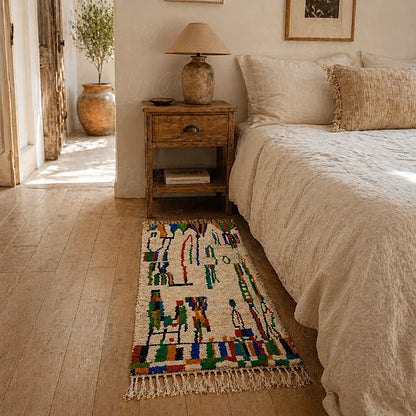 Moroccan berber runner rug with colorful symbolic motifs beside natural textured bedroom bed