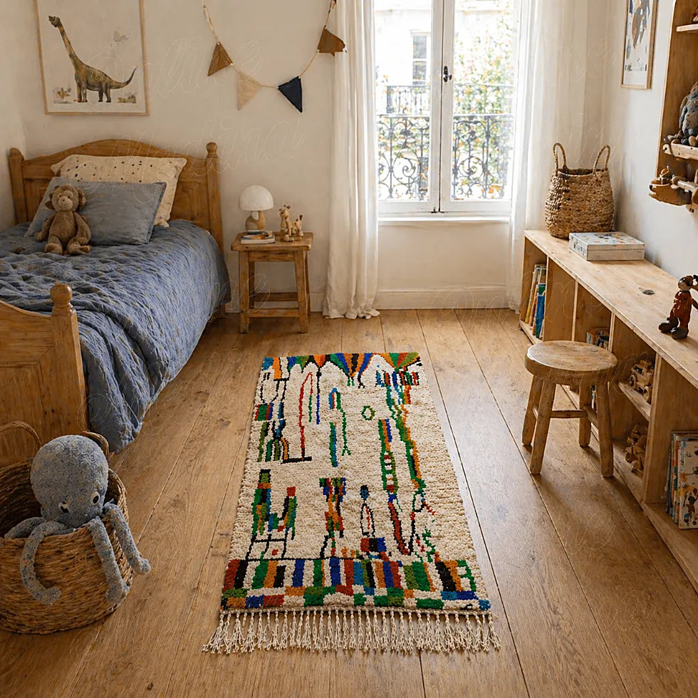 Colorful handmade berber runner rug with symbolic Atlas-inspired patterns in cozy kids bedroom